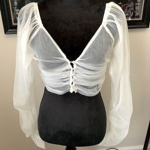 Sheer White Ruched Tie-Front Women’s Top